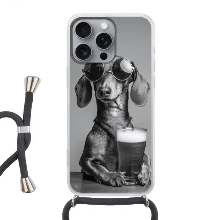 Teckel - Bier - Glas - Bril Hoesje iPhone 16 Pro Max met koord klein -3d
