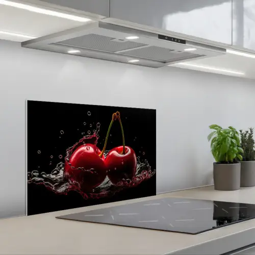 Kersen - Rood - Fruit - Water - Zwart keuken achterwand spatscherm klein -3d_schuin