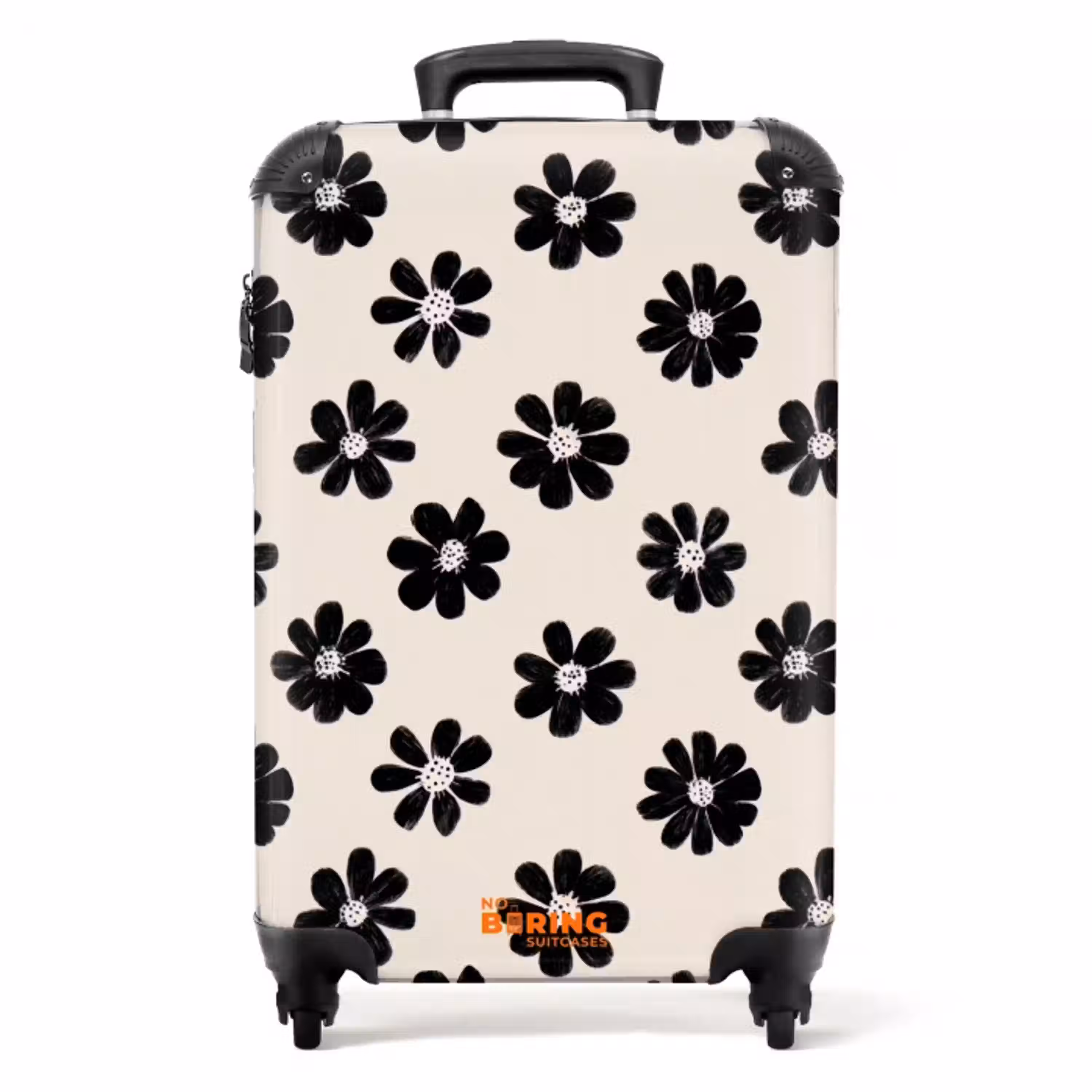 Madeliefjes - Grafisch - Zwart - Beige NBS - Handbagage koffer - Volwassenen Unisex middel -productfoto_recht