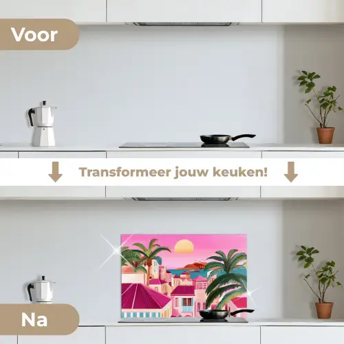 Stad - Roze - Palmbomen keuken achterwand spatscherm klein -voor_na_NL