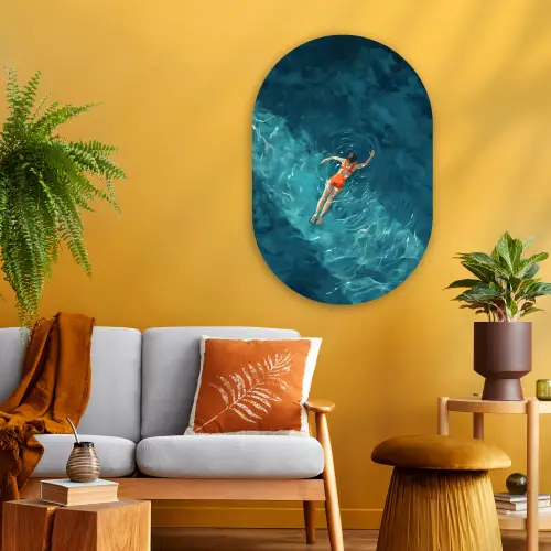 Vrouw - Water - Bikini - Oranje Wandcirkel Ovaal Glas middel -sfeer4