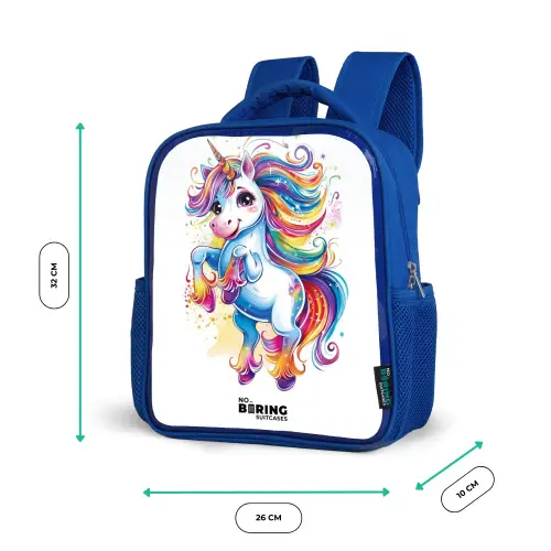 Steigerende Eenhoorn met Regenboogmanen Kinderrugzak - Blauw middel -productfoto_formaten