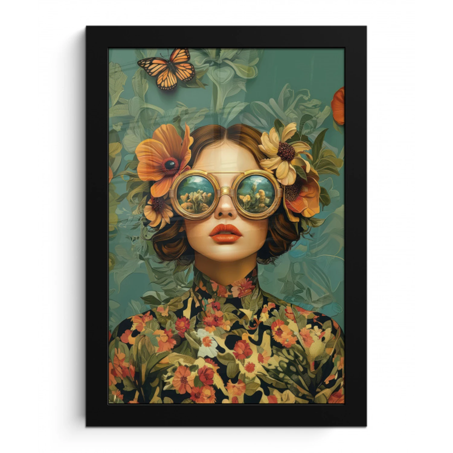 Vrouw - Bloemen - Vlinders - Natuur - Vintage fotolijst zwart zonder passe partout klein -3d