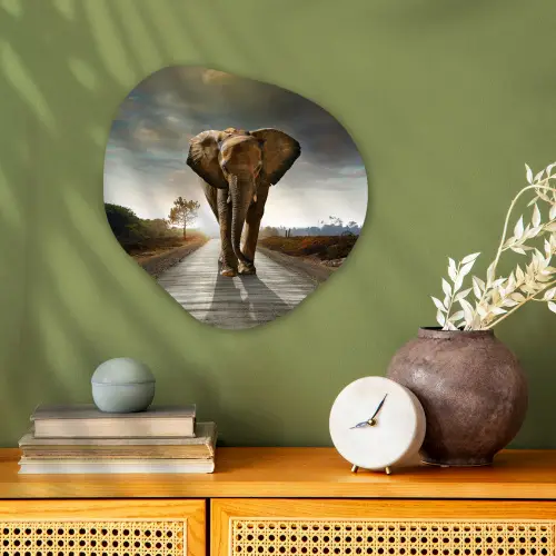 Olifant - Weg - Dieren - Zonsondergang - Landschap Wandcirkel Organisch Forex 3mm klein -sfeer2
