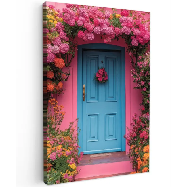 Bloemen - Deur - Roze Tuinposter op houten frame 2 cm dik klein -3d