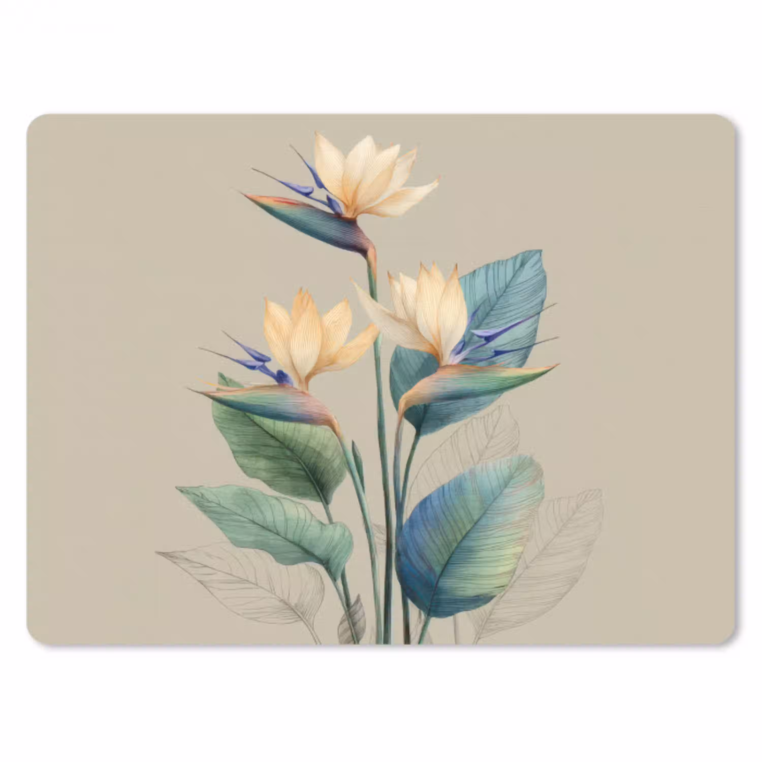 Paradijsvogelbloemen - Blauwgroene bladeren - Beige muismat rubber klein -3d