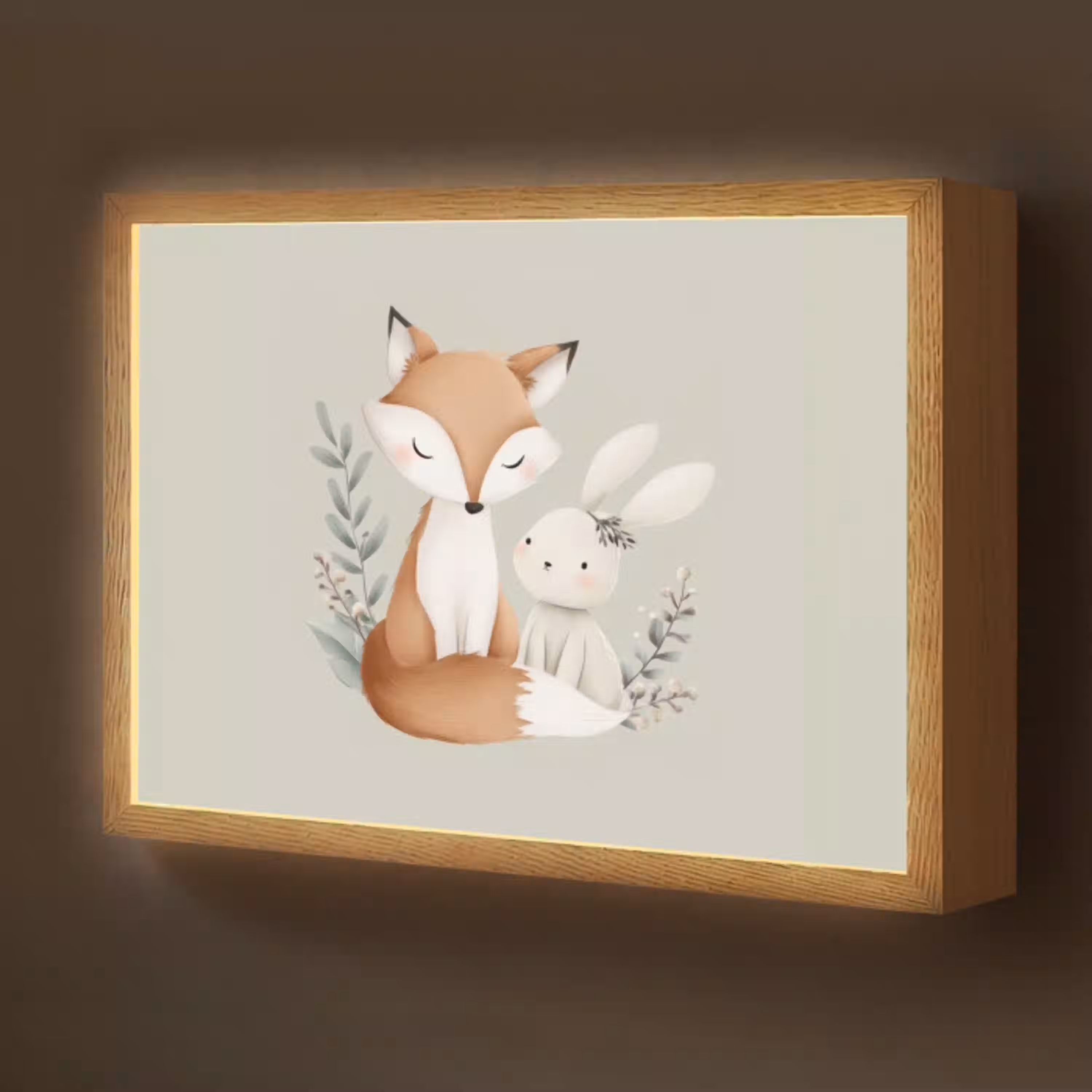 Illustratie - Vos - Konijn - Bladeren Light Box met batterij (Wandlamp kind) middel -z3d_website