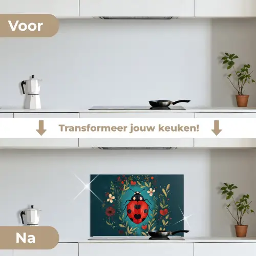 Bloemen - Lieveheersbeestje - Hartje - Rood keuken achterwand spatscherm klein -voor_na_NL