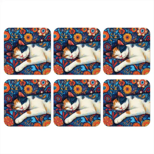 Kat - Bloemenpatroon - Blauw - Oranje onderzetter kurk middel -3d
