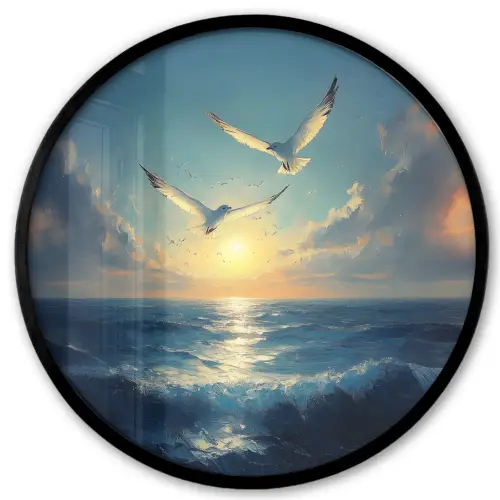 Meeuwen - Zee - Wolken -Blauw Fotolijst rond zonder passe partout klein -3d