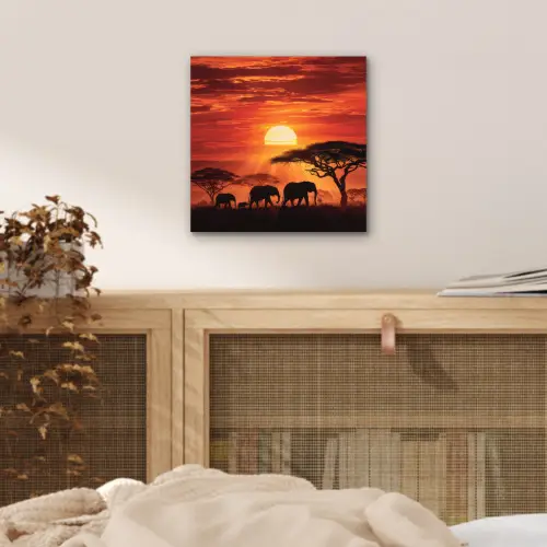 Savanne - Olifanten - Zonsondergang aluminium wit klein -sfeer3
