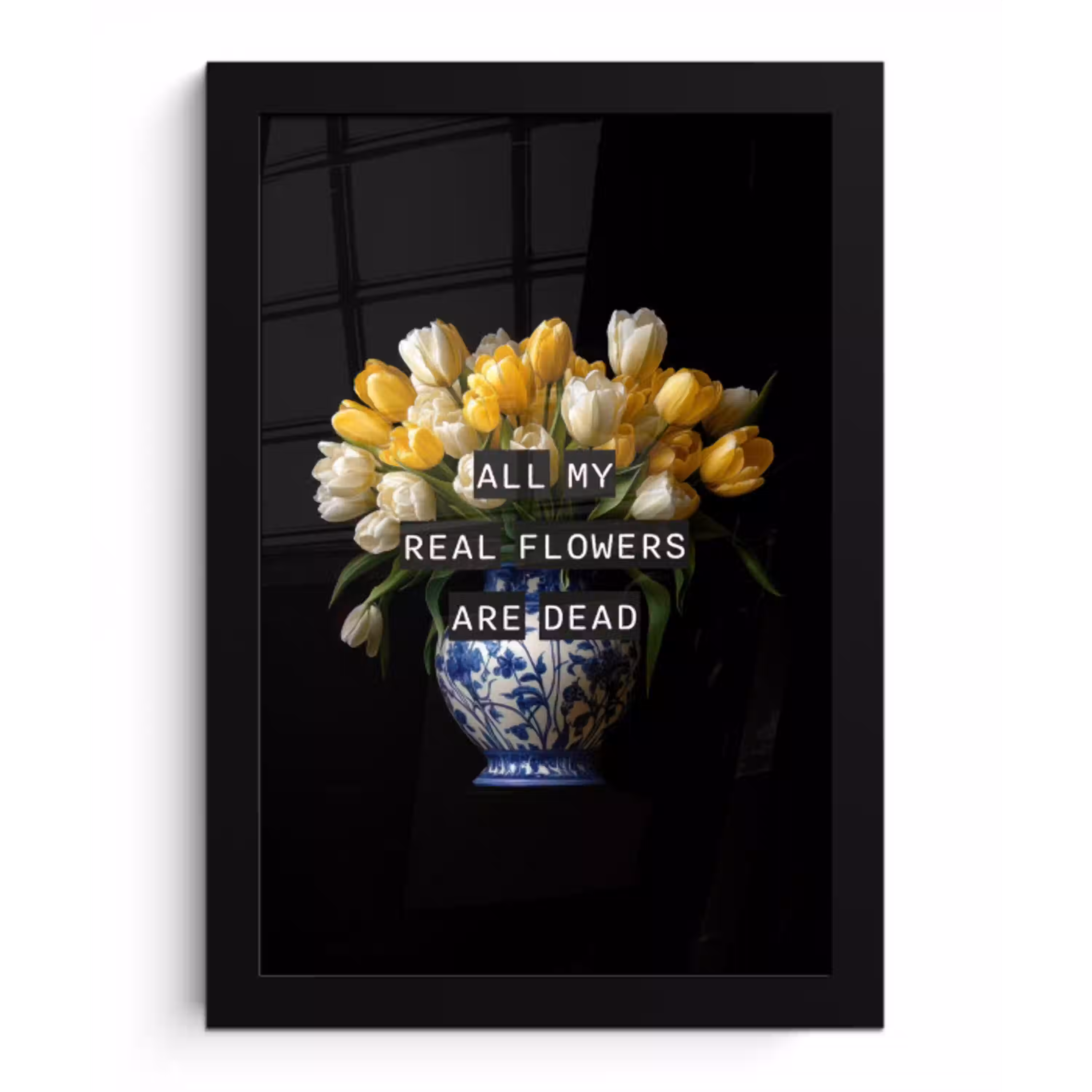 Quotes - Bloem - Tulp - Geel fotolijst zwart zonder passe partout klein -3d