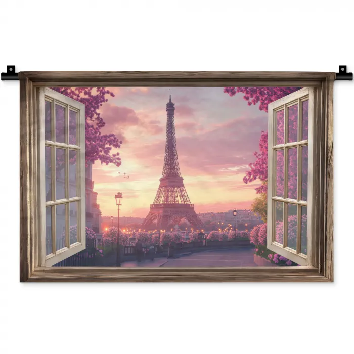 Doorkijk - Parijs - Eiffeltoren - Roze - Kersenbloesem Wandkleed katoen klein -zz3d