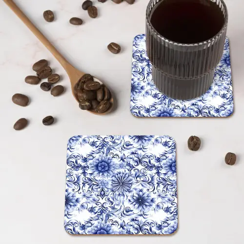 Bloemen - Blauw - Patroon - Wit onderzetter kurk middel 366 -sfeer2