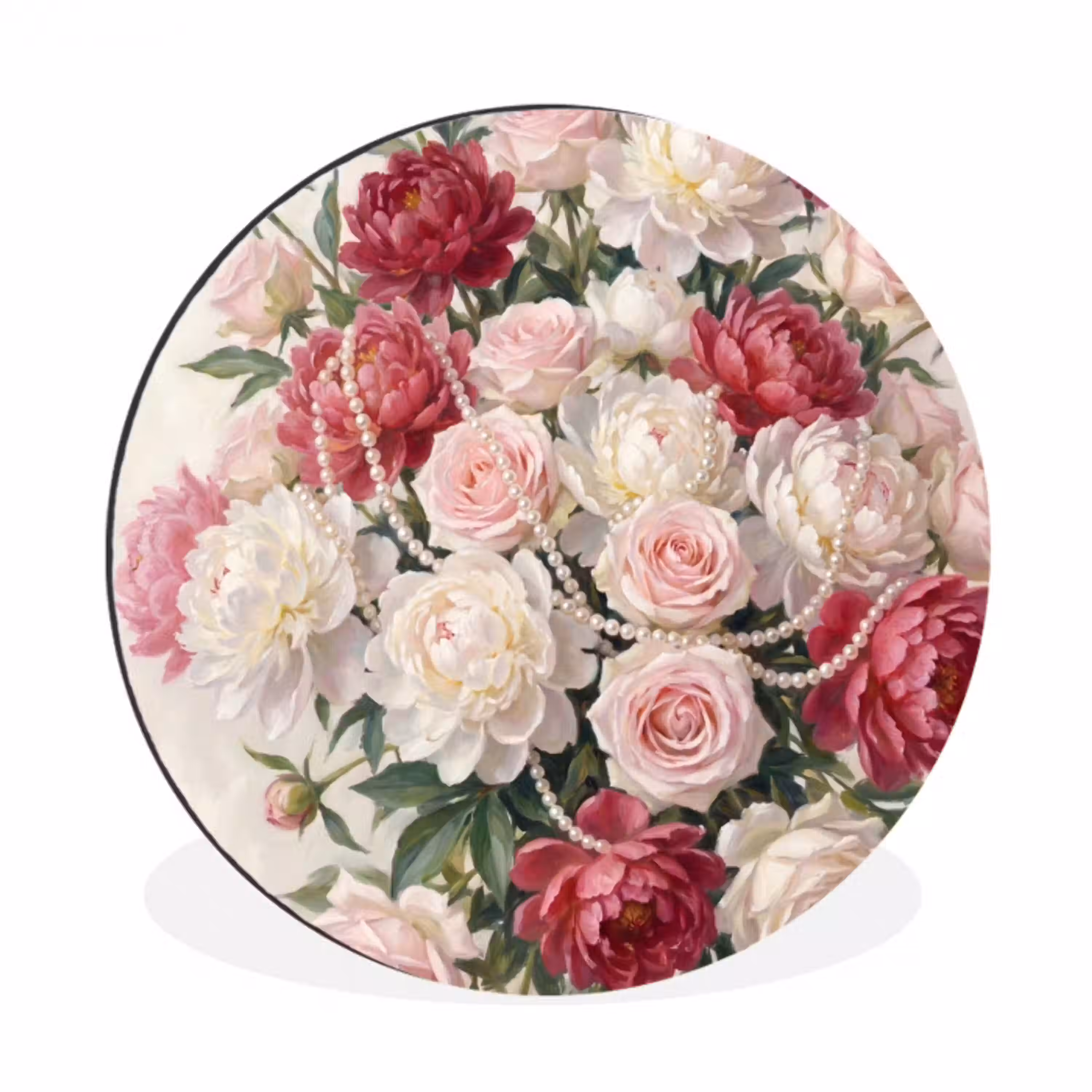 Bloemen - Parels - Romantiek - Klassiek - Roze Wandcirkel aluminium klein -3d
