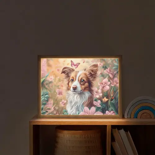 Hond - Bloemen - Roze Light Box met batterij (Wandlamp kind) middel -sfeer1_kind