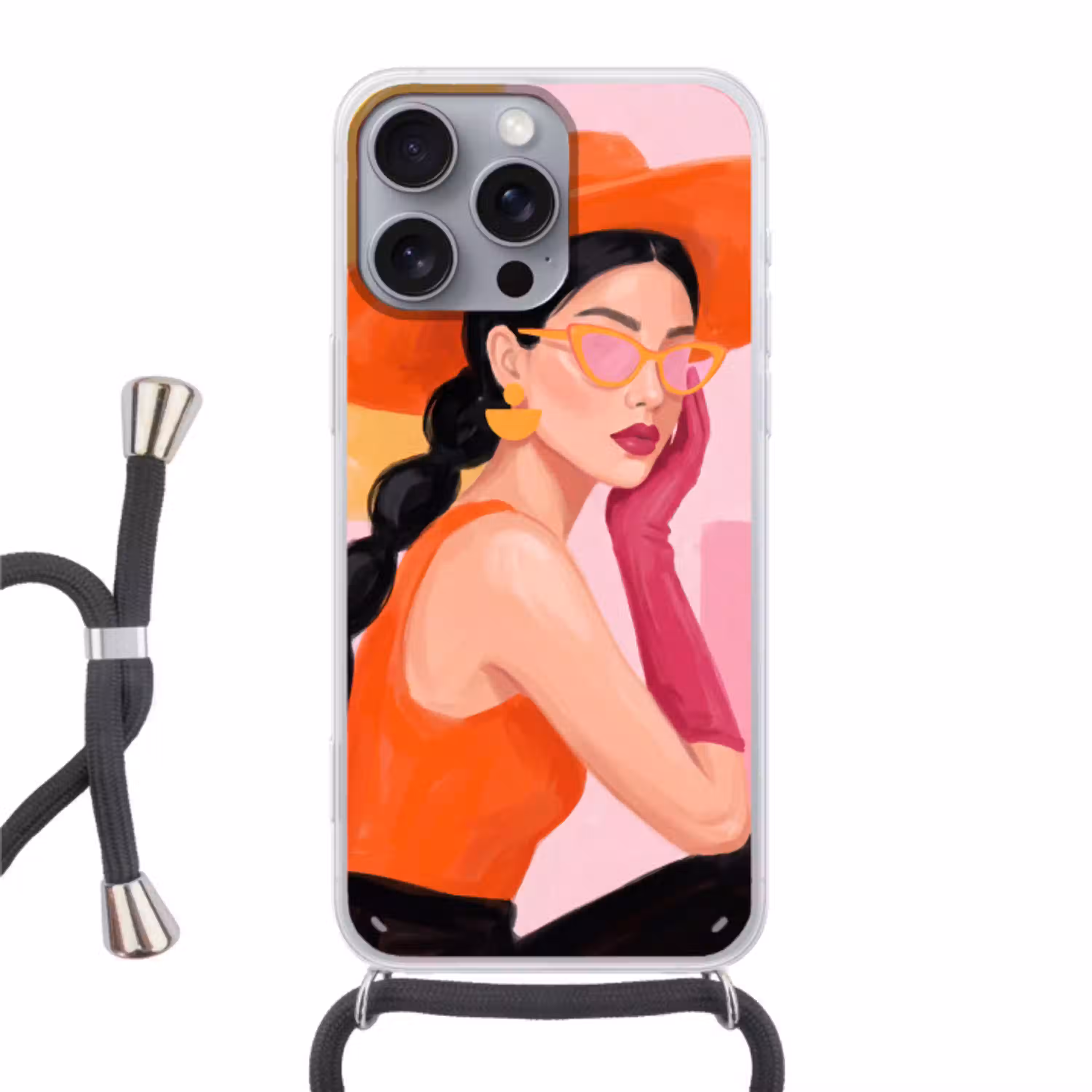 Vrouw - Hoed - Mode - Modern - Oranje Hoesje iPhone 16 Pro Max met koord klein -3d