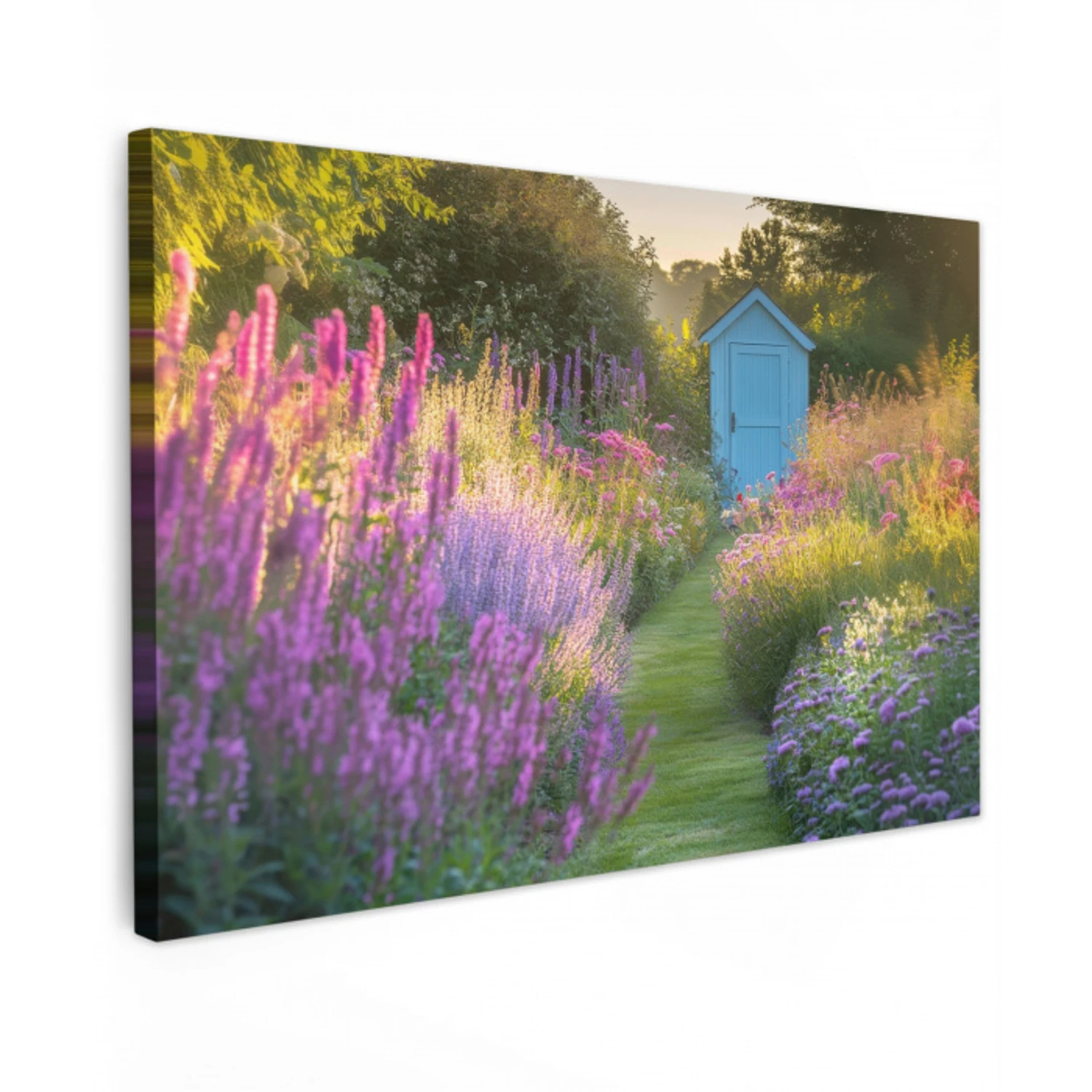 Tuinhuisje - Blauw - Bloemen Tuinposter op houten frame 2 cm dik klein -3d