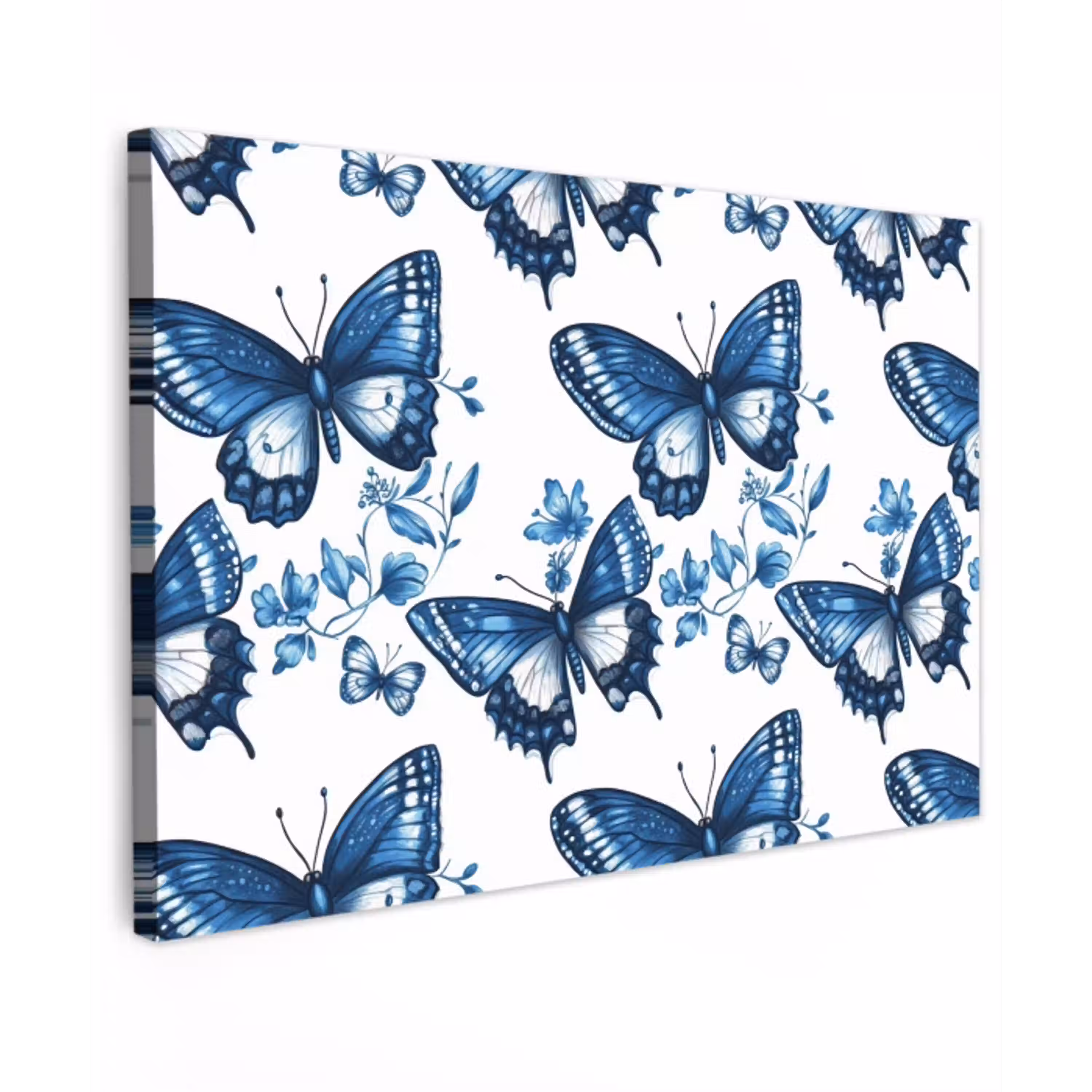Blauw - Vlinders - Bloemen - Wit canvas 2cm klein 34 -z3d