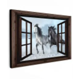 Paarden - Winter - Dieren - Natuur - Doorkijk Tuinposter op houten frame 2 cm dik klein -3d