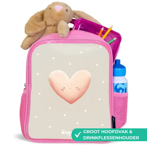 Roze hart omringd door beige stippen Kinderrugzak - Roze middel -inhoud_NL
