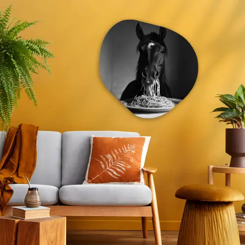 Paard - Bord - Pasta - Tafelkleed - Zwart Wit - Dieren Wandcirkel Organisch Plexiglas middel -sfeer4