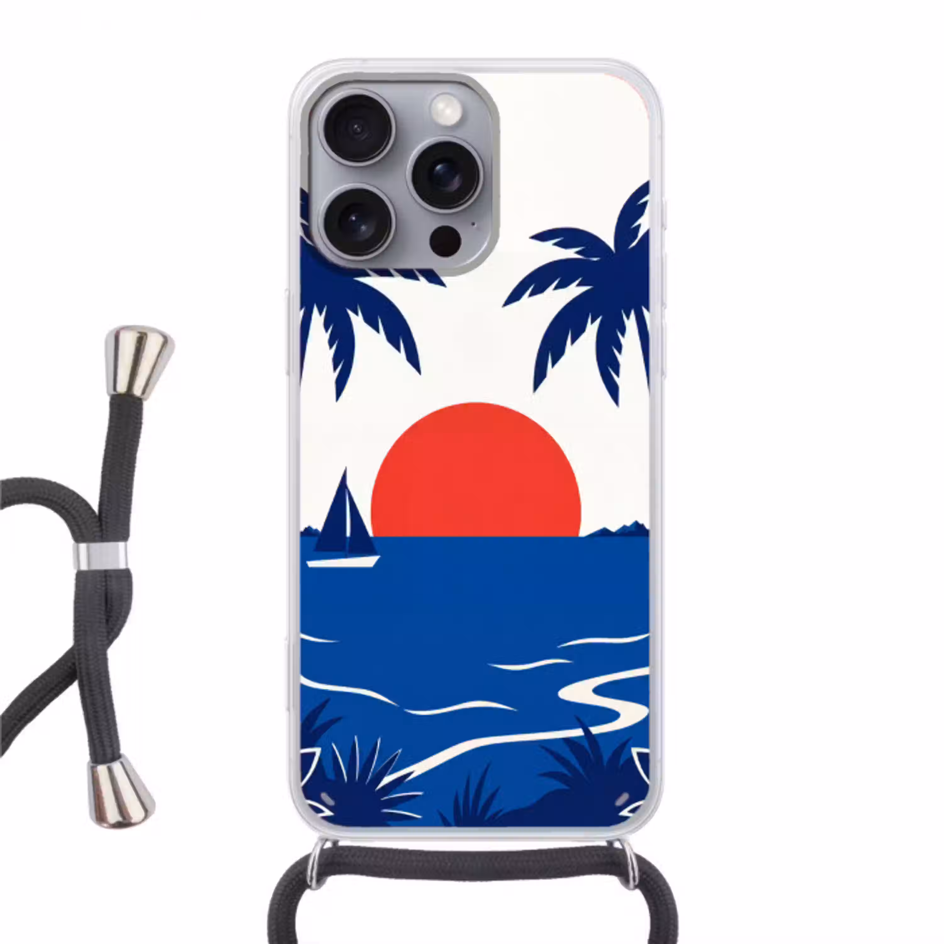 Zonsondergang - Zee - Palmboom - Tropisch - Modern Hoesje iPhone 16 Pro Max met koord klein -3d
