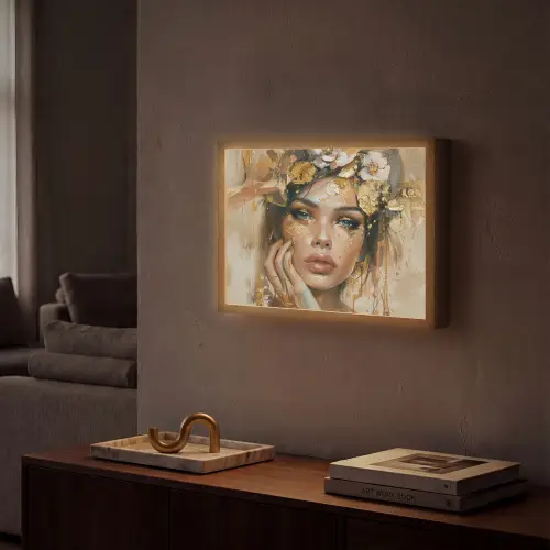 Vrouw - Bloemen  - Goud - Portret Light Box met batterij (Wandlamp) middel -sfeer1