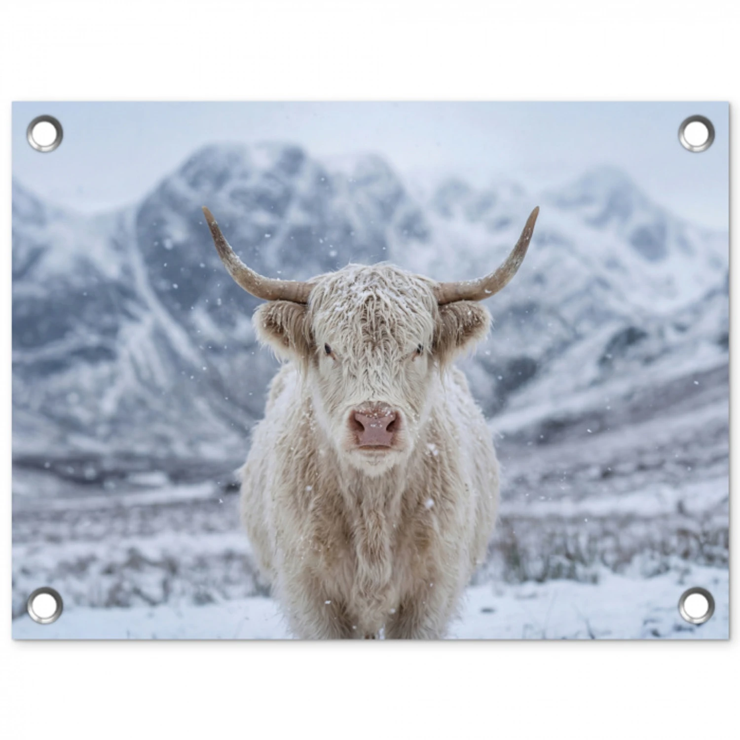 Schotse Hooglander - Sneeuw - Bergen - Winter tuinposter los doek klein -3d