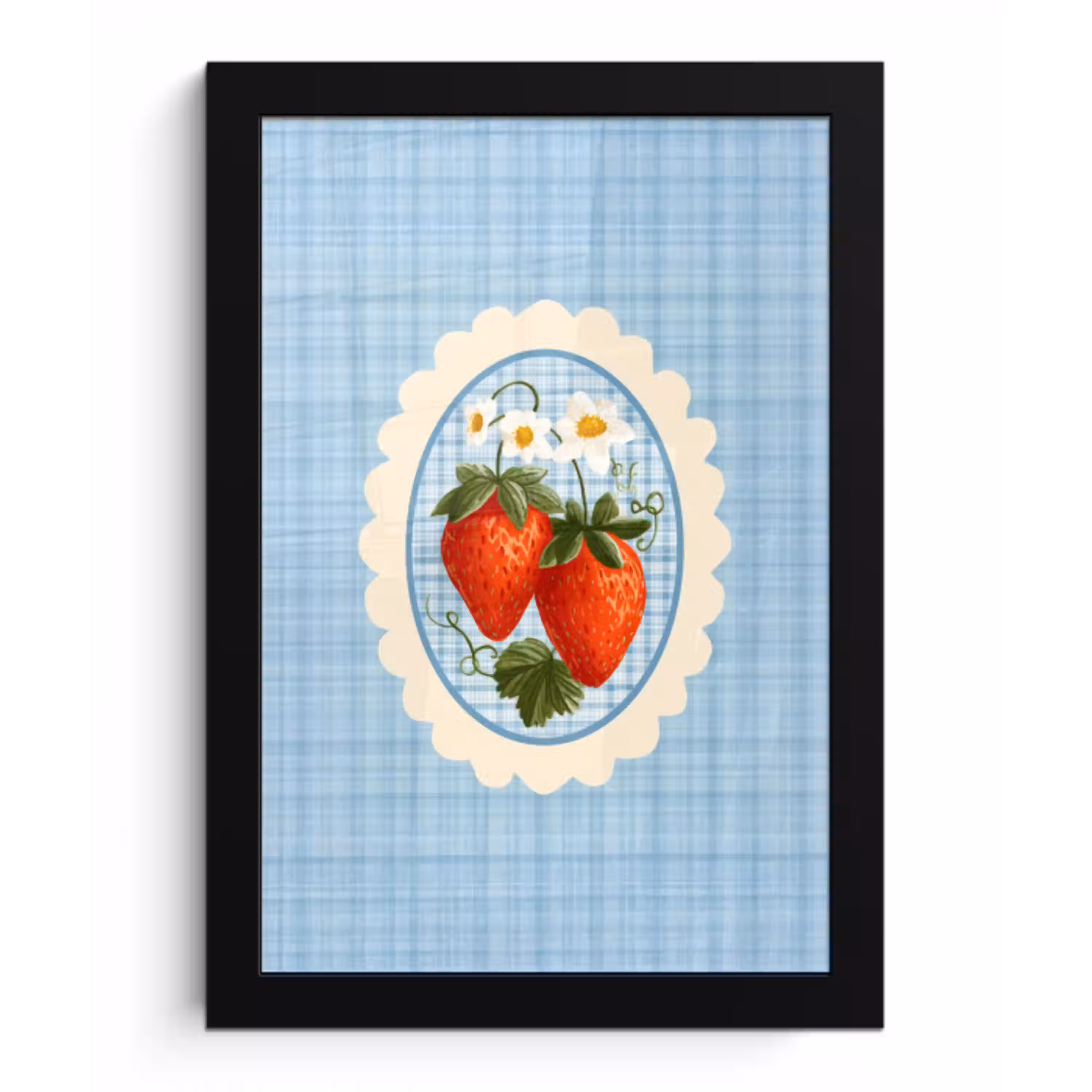 Aardbeien - Lijst - Rood - Geruit fotolijst zwart zonder passe partout klein -3d