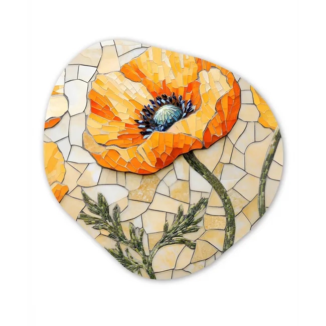Klaprozen - Oranje - Mozaïek - Bladeren Wandcirkel Organisch Plexiglas middel -3d