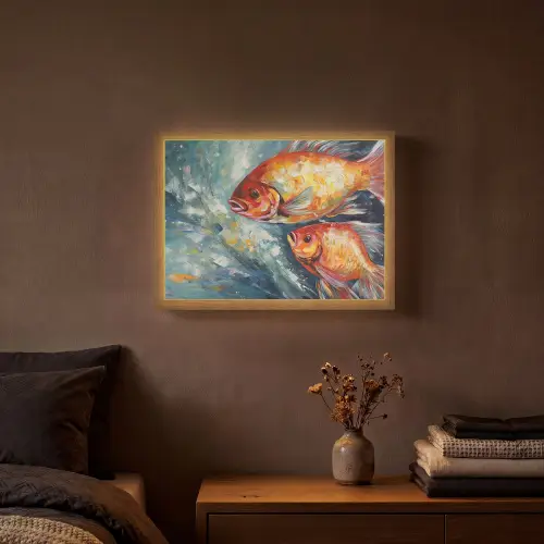 Vissen - Water - Dieren - Kunst - Olieverf Light Box met batterij (Wandlamp) middel -sfeer4
