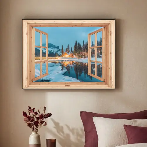 Winterlandschap - Natuur - Huis - Bergen - Doorkijk - Raam Textielframe zwart klein -sfeer1