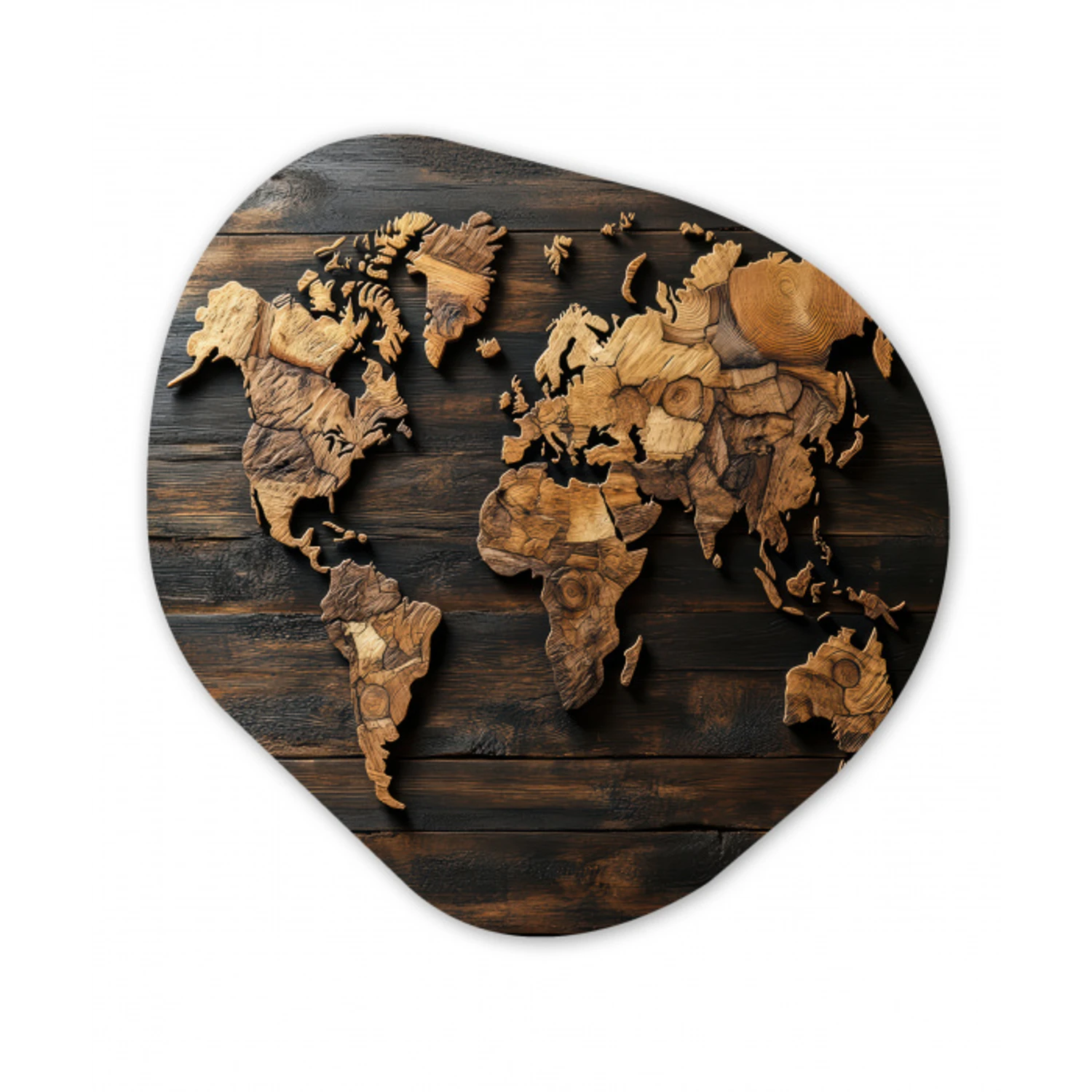 Wereldkaart -  Hout - Mozaïek Wandcirkel Organisch Aluminium middel -3d