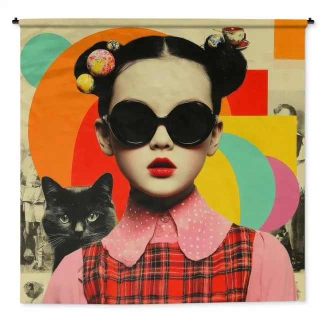 Wandkleed - Meisje - Zonnebril - Kat - Retro