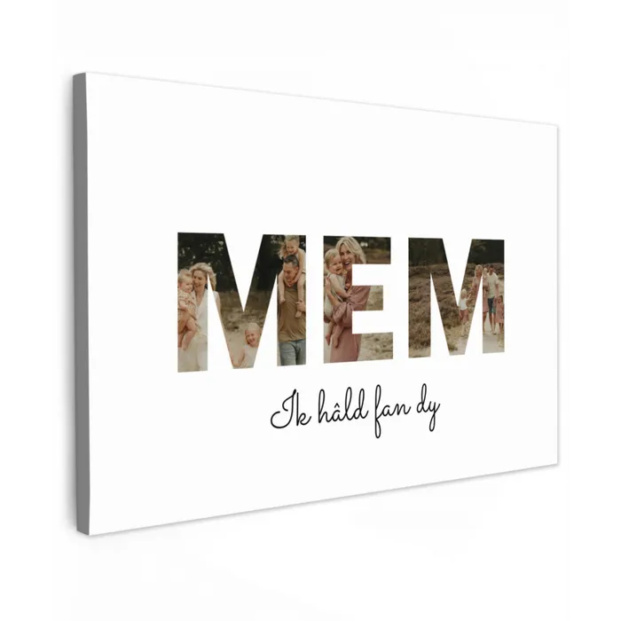 Mem - Lettercollage Tuinposter op houten frame 2 cm dik klein -3d