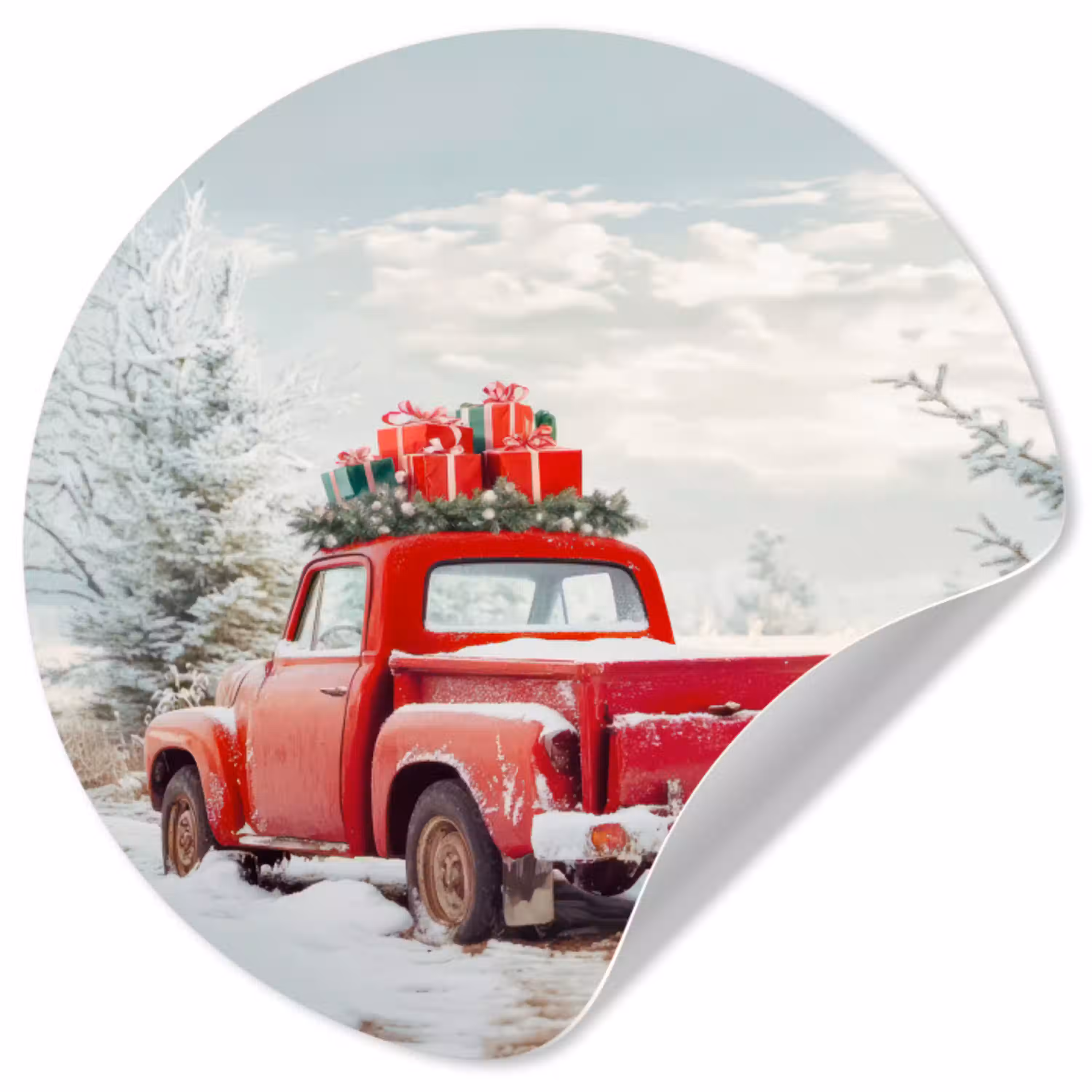 Auto - Rood - Cadeaus - Winter - Sneeuw - Kerst Wandcirkel behangsticker klein -3d