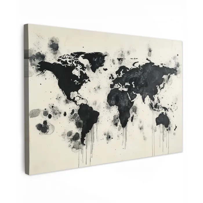 Wereldkaart - Zwart - Inkt Tuinposter op houten frame 2 cm dik klein -3d
