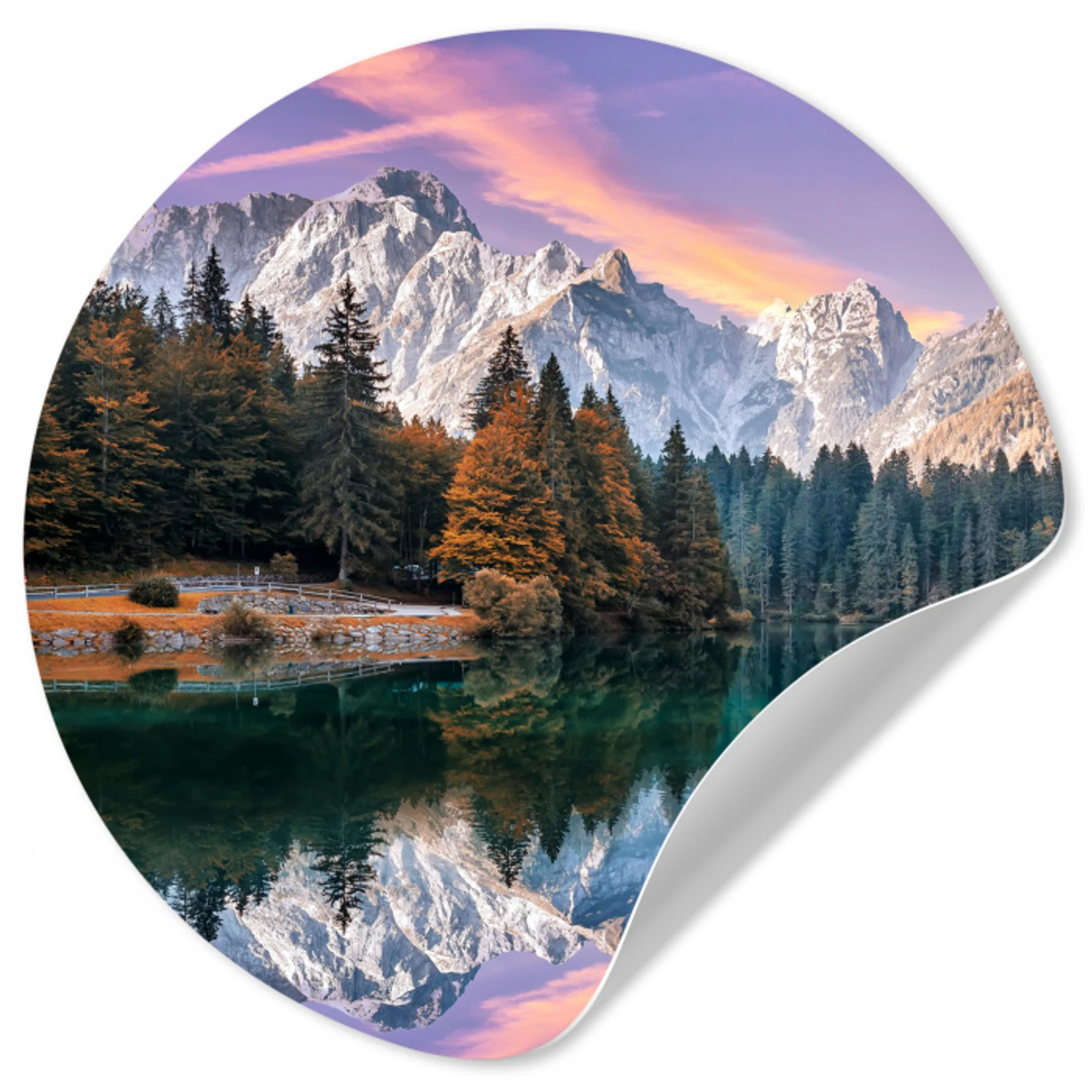 Bergen - Bos - Water - Lucht - Roze - Paars Wandcirkel behangsticker klein -3d