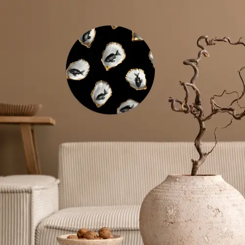 Oesters - Zwart - Vissen - Goud Wandcirkel behangsticker klein -sfeer1