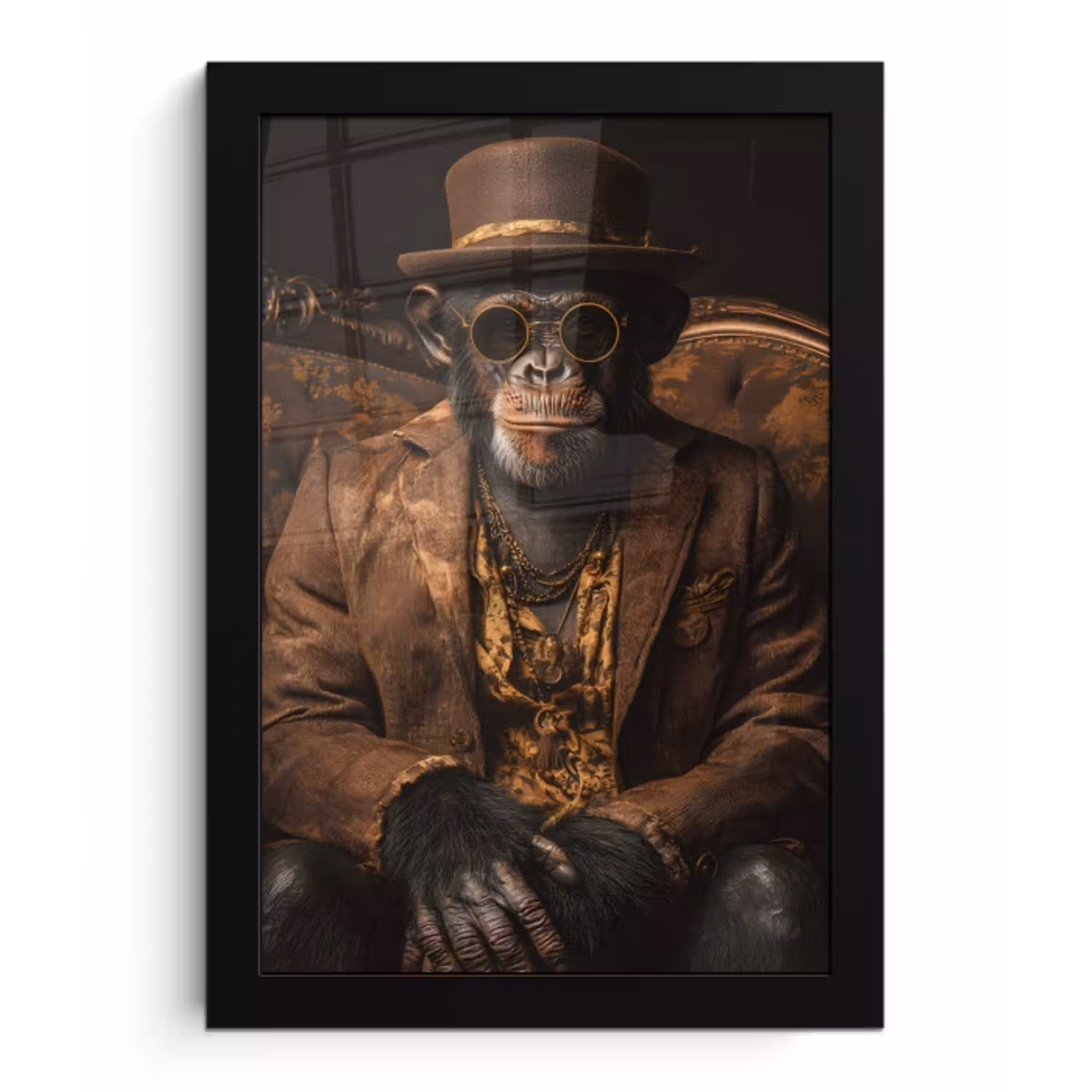 Chimpansee - Stoel - Pak - Bruin fotolijst zwart zonder passe partout klein -3d
