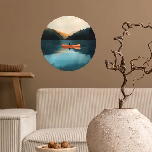 Bossen - Meer - Kano - Oranje Wandcirkel behangsticker klein -sfeer1