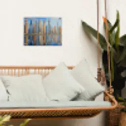 Skyline - Wolkenkrabbers - Water - Blauw tuinposter los doek klein -sfeer7