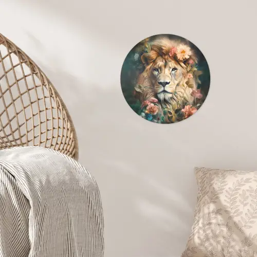 Leeuw - Leeuwenkop - Wilde dieren - Bloemen Wandcirkel behangsticker klein -sfeer4