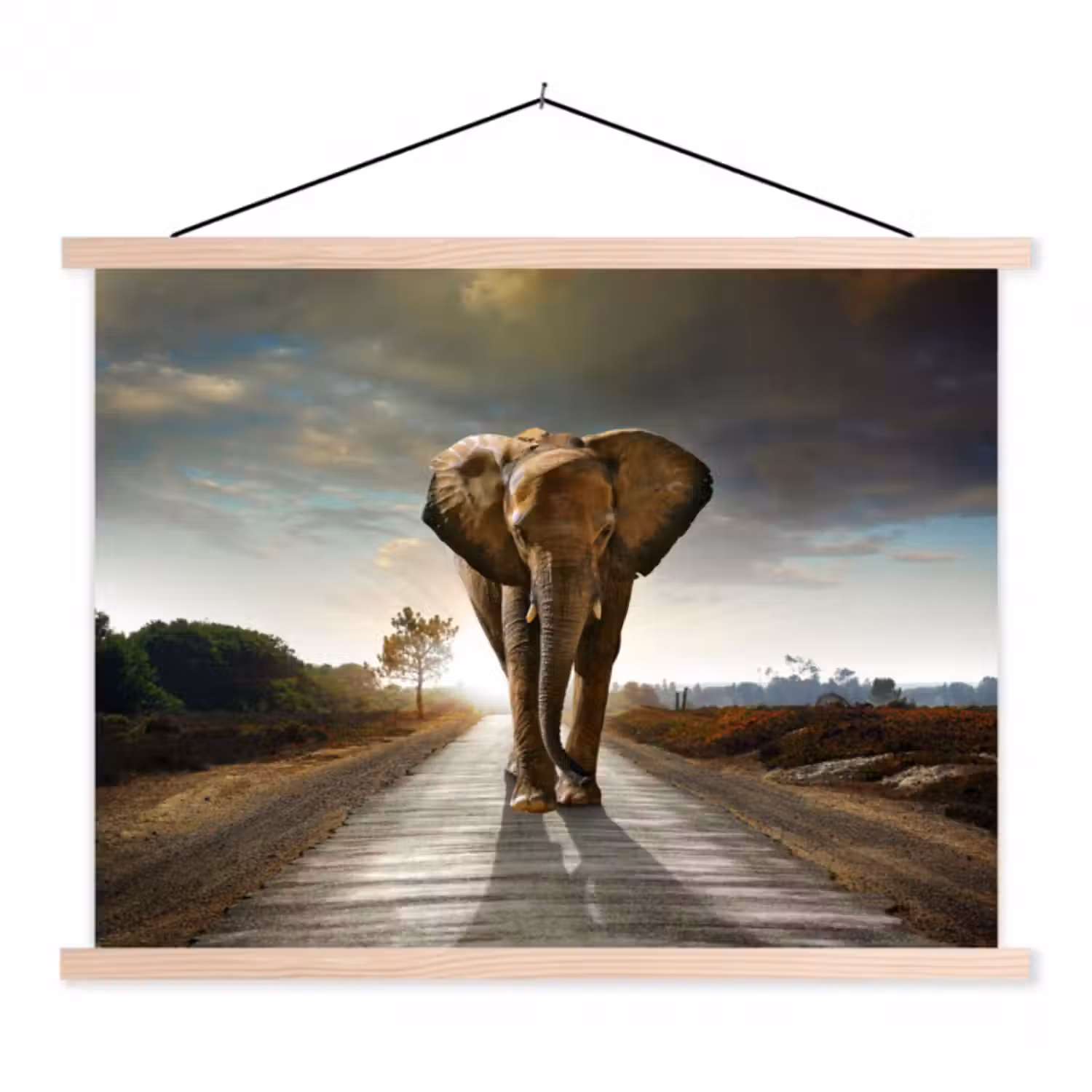 Stoffbild - Elefant - Straße - Tiere - Sonnenuntergang - Landschaft