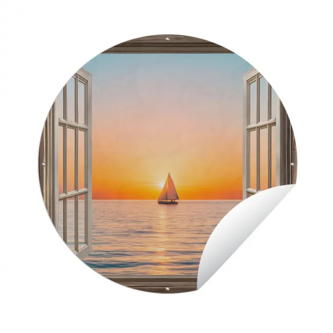 Doorkijk - Zee - Boot - Zonsondergang Wandcirkel tuinposter met ringen klein -3d