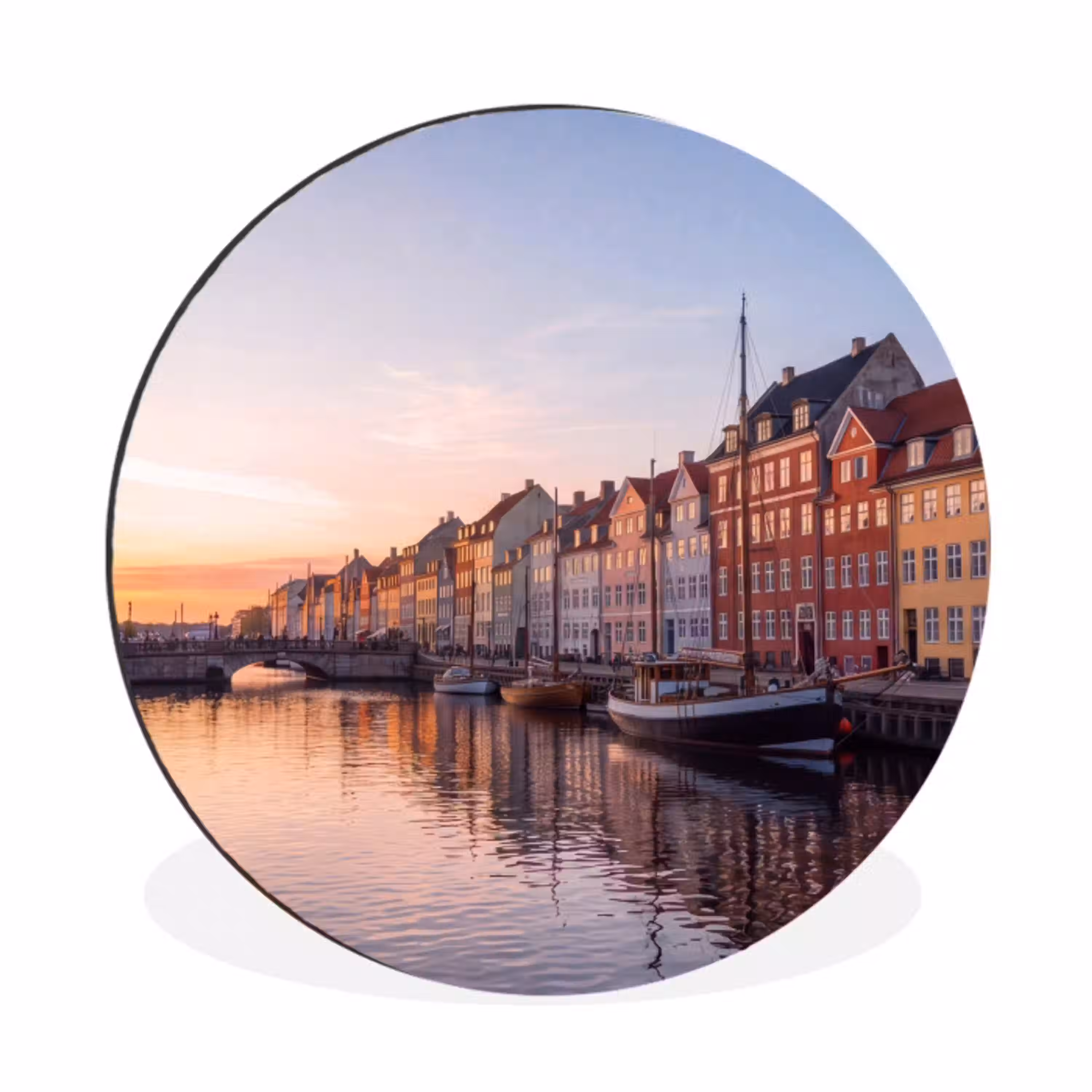 Stad - Gracht - Zonsondergang - Klassiek - Kleurrijk Wandcirkel aluminium klein -3d