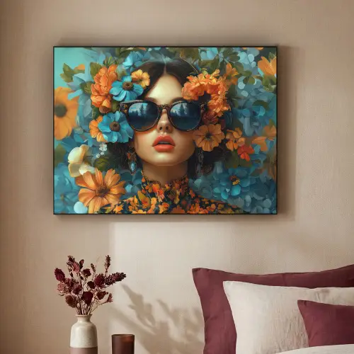 Vrouw - Bloemen - Oranje - Blauw - Modern Textielframe zwart klein -sfeer1