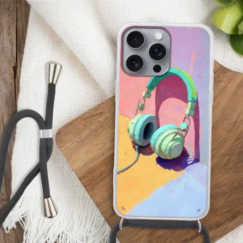 Koptelefoon - Mintgroen - Draad Hoesje iPhone 16 Pro Max met koord klein -sfeer4