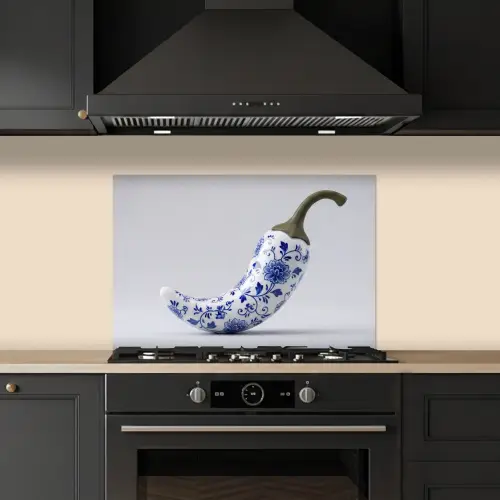 Chilipeper - Keramiek - Blauw keuken achterwand spatscherm klein -sfeer1